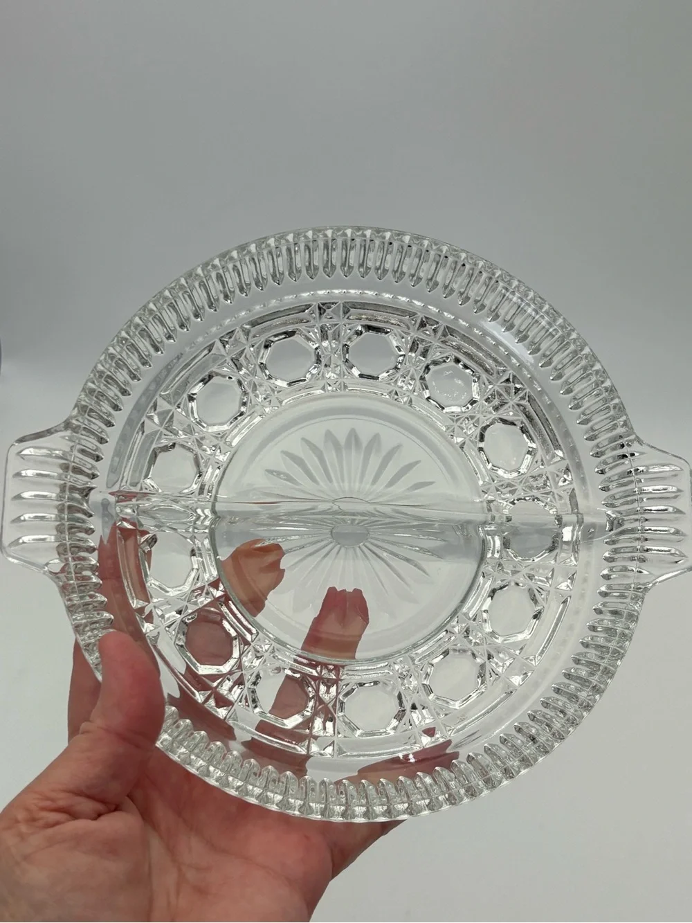 Vintage Federal Glass Windsor Pattern Divided Serving Bowl with Handle - 2 Forks